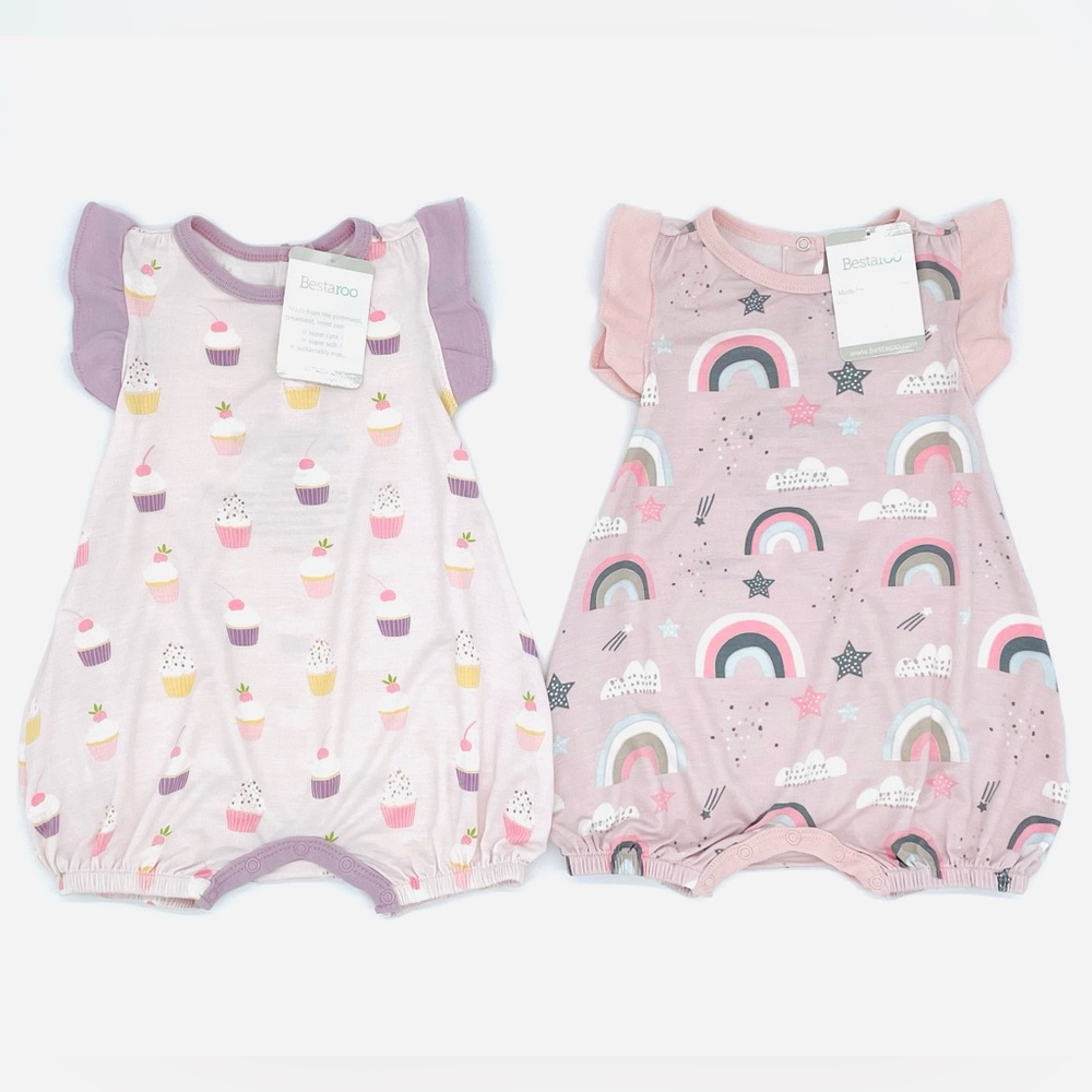 NWT Bestaroo Flutter Sleeve Bubble Romper Bundle Rainbow & Cupcakes in Pink 3-6M